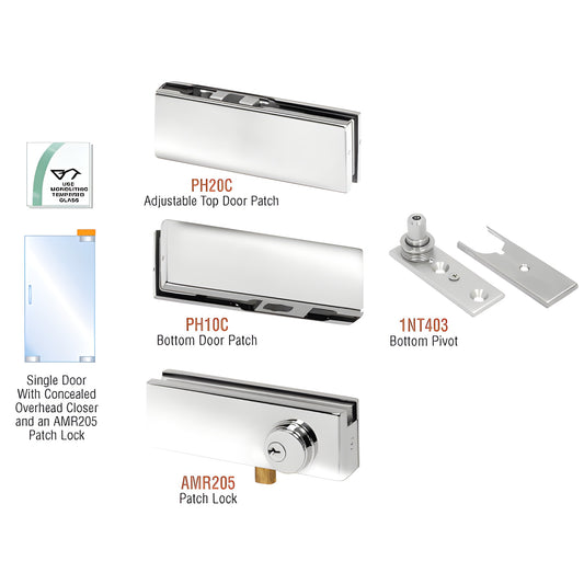 PHA2LPS polished stainless steel frameless glass door patch kit with adjustable top patch, bottom patch, bottom pivot and loc