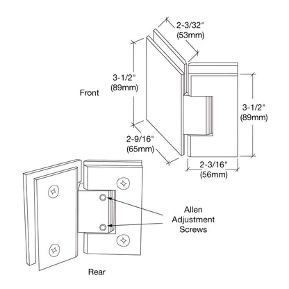 Polished chrome brass glass-to-glass shower hinge GEN345CH, square profile, adjustable for 8-12mm glass.