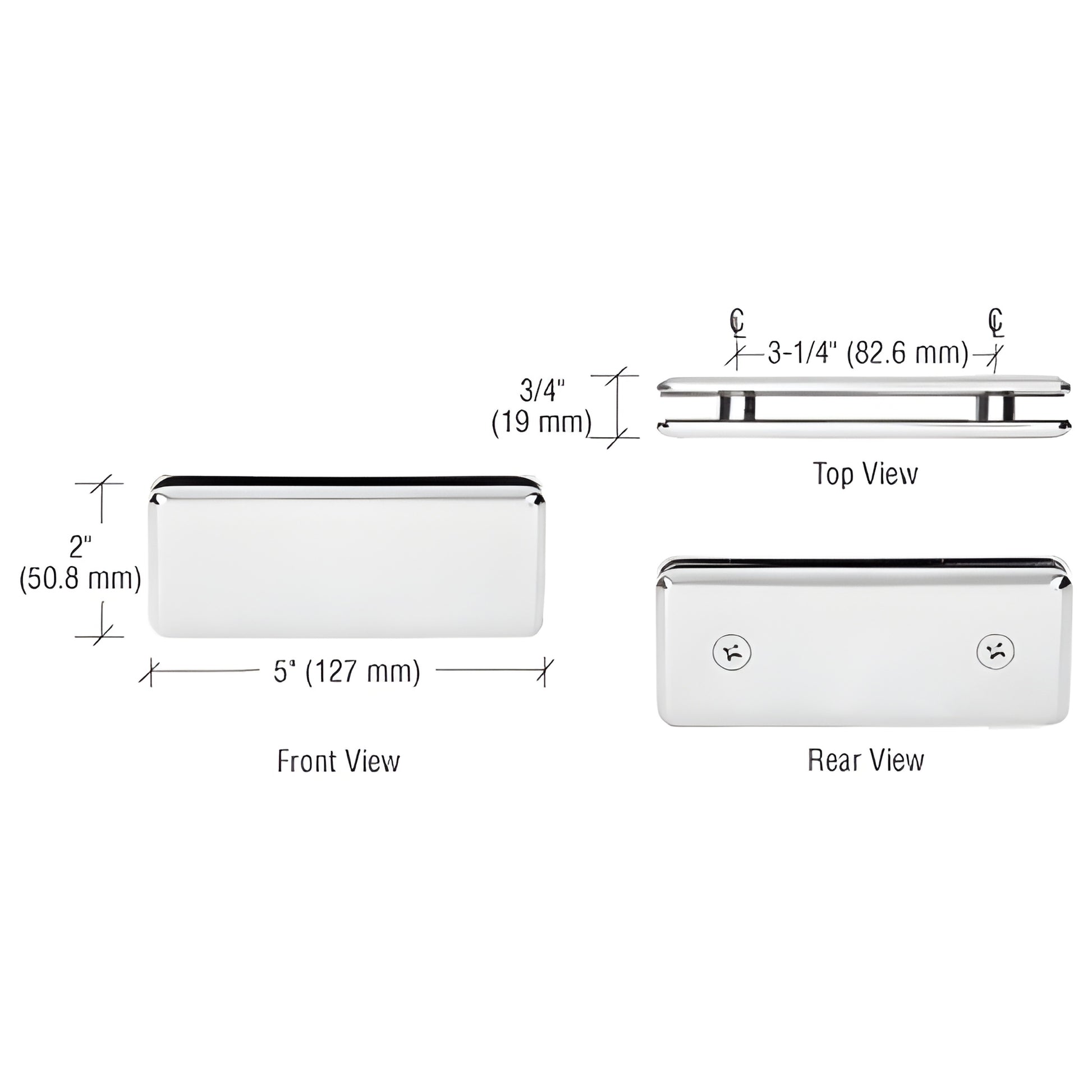 Polished nickel beveled 180 glass-to-glass clamp, solid brass, 5" 2", for 3/8-1/2" tempered glass