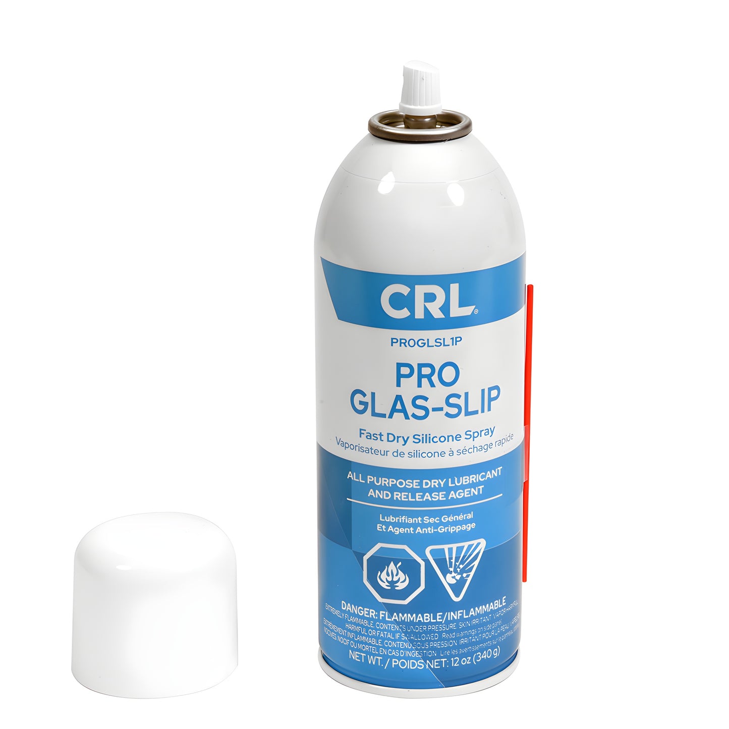 CRL PRO GLAS-SLIP 12 oz dry silicone lubricant spray can with blue label and red straw (SKU PR0GLSL1P)