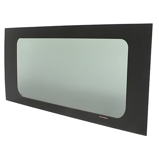 FW385R fixed all-glass passenger-side sliding door window, 28% dark gray tint, concealed black frame for RAM ProMaster