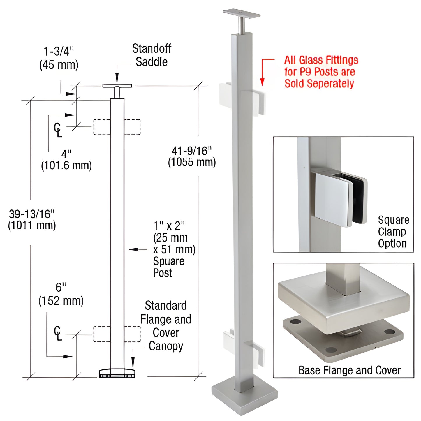 P942CBS stainless steel surface-mounted rectangular post railing kit with base flange, cover canopy and square glass clamp op