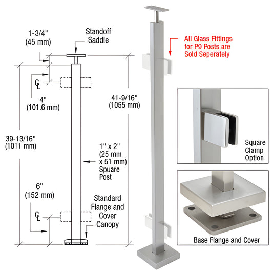 P942CBS stainless steel surface-mounted rectangular post railing kit with base flange, cover canopy and square glass clamp op