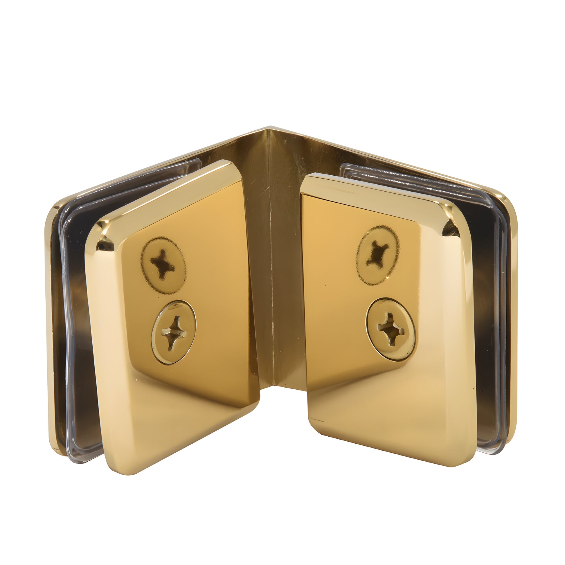BGC90ULBR solid brass beveled 90 glass-to-glass clamp for frameless shower, unlacquered polished brass finish