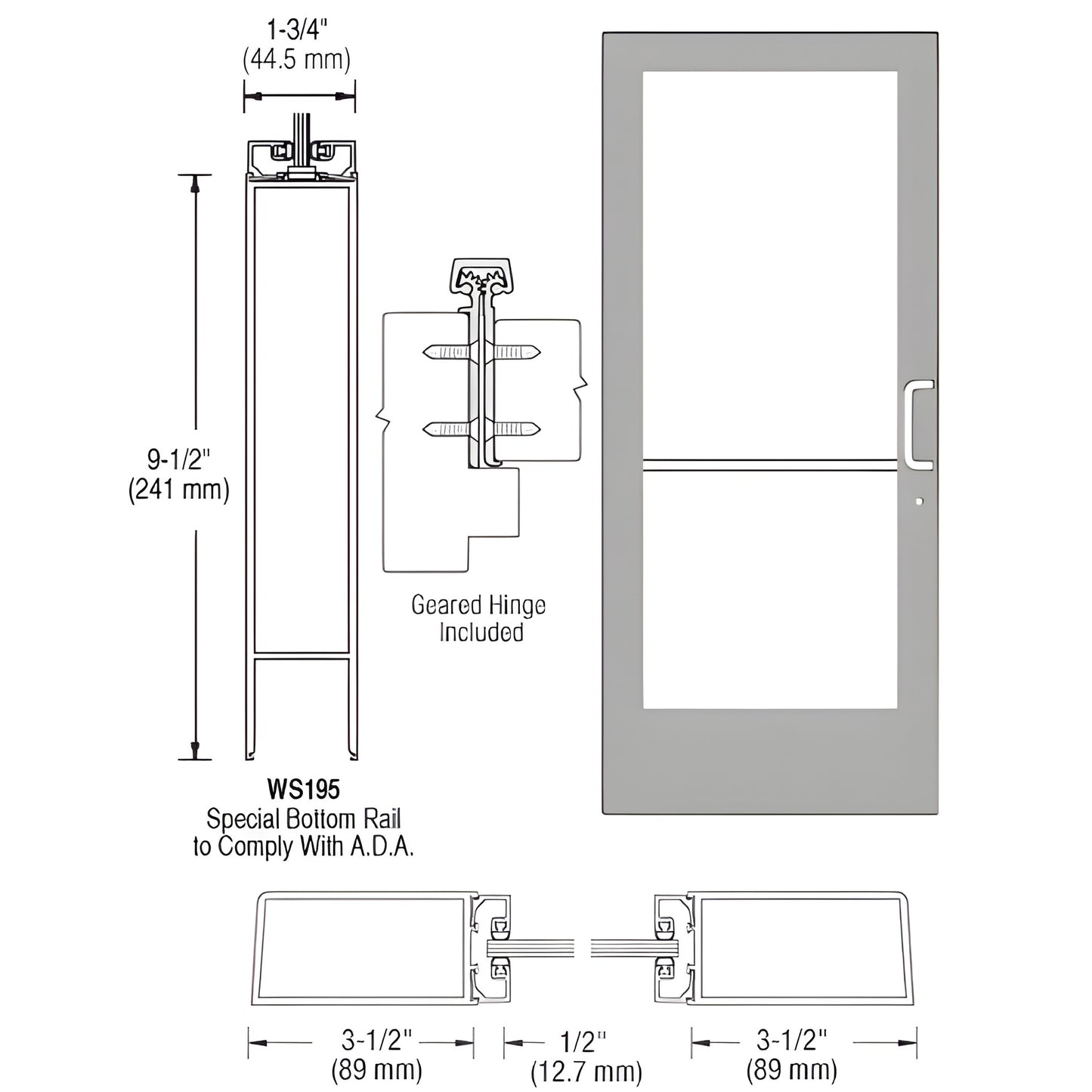 CRL clear anodized 36x84" aluminum glass door inactive leaf, right side latch, geared hinge, ADA 9.5" bottom rail. SKU DE4181