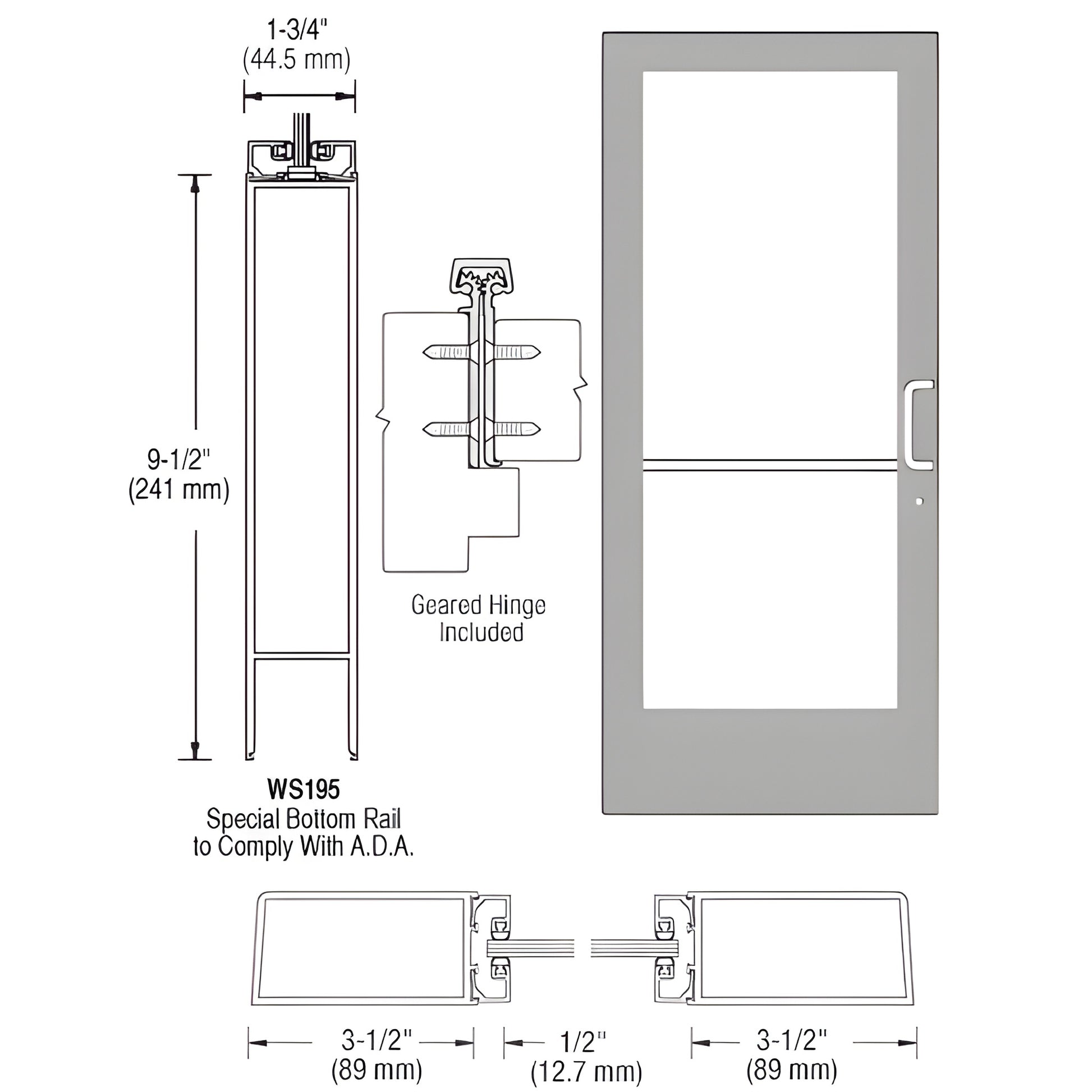 CRL clear anodized 36x84" aluminum glass door inactive leaf, right side latch, geared hinge, ADA 9.5" bottom rail. SKU DE4181