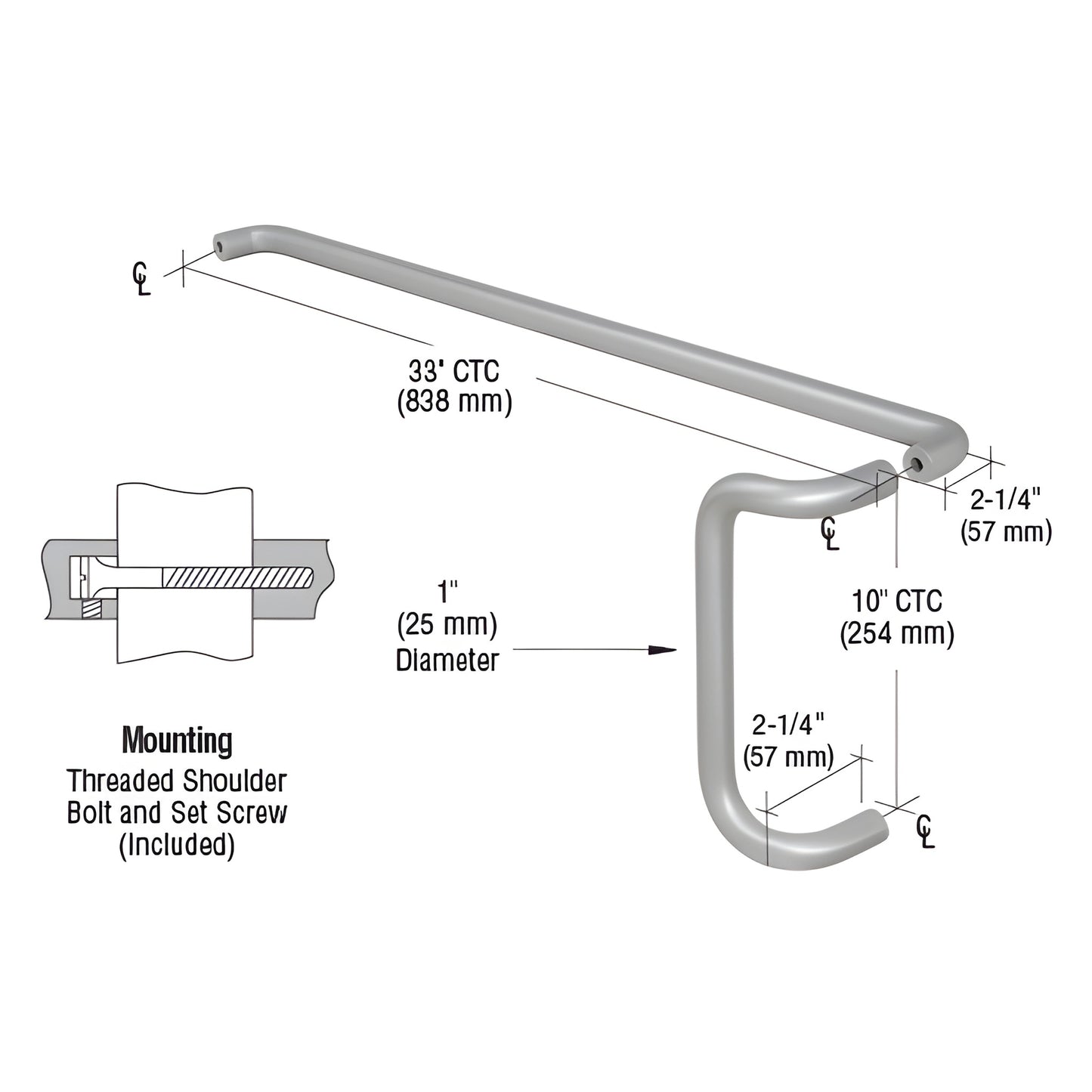 Satin chrome 1 in aluminum push bar with 10 in pull handle for 36 in narrow stile doors; 33 in push CTC. SKU M10X3328