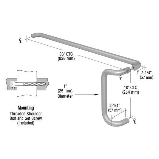 Satin chrome 1 in aluminum push bar with 10 in pull handle for 36 in narrow stile doors; 33 in push CTC. SKU M10X3328
