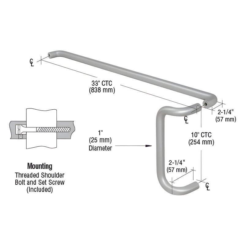 Satin chrome 1 in aluminum push bar with 10 in pull handle for 36 in narrow stile doors; 33 in push CTC. SKU M10X3328