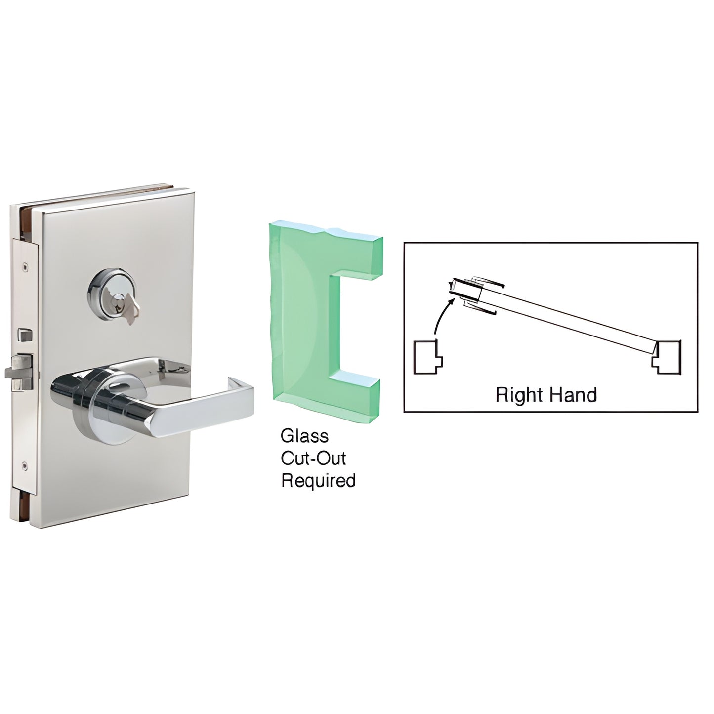 Polished stainless steel center lock with lever and key cylinder for 1/2" tempered glass doors, DL610RSPS