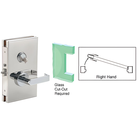 Polished stainless steel center lock with lever and key cylinder for 1/2" tempered glass doors, DL610RSPS