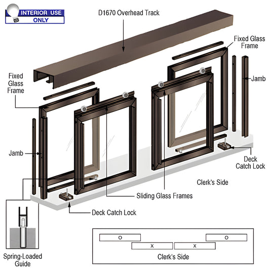 CRL Diane D1032DU bronze 4-panel interior pass-thru window, two fixed ends and two sliding center panels, D1670 track