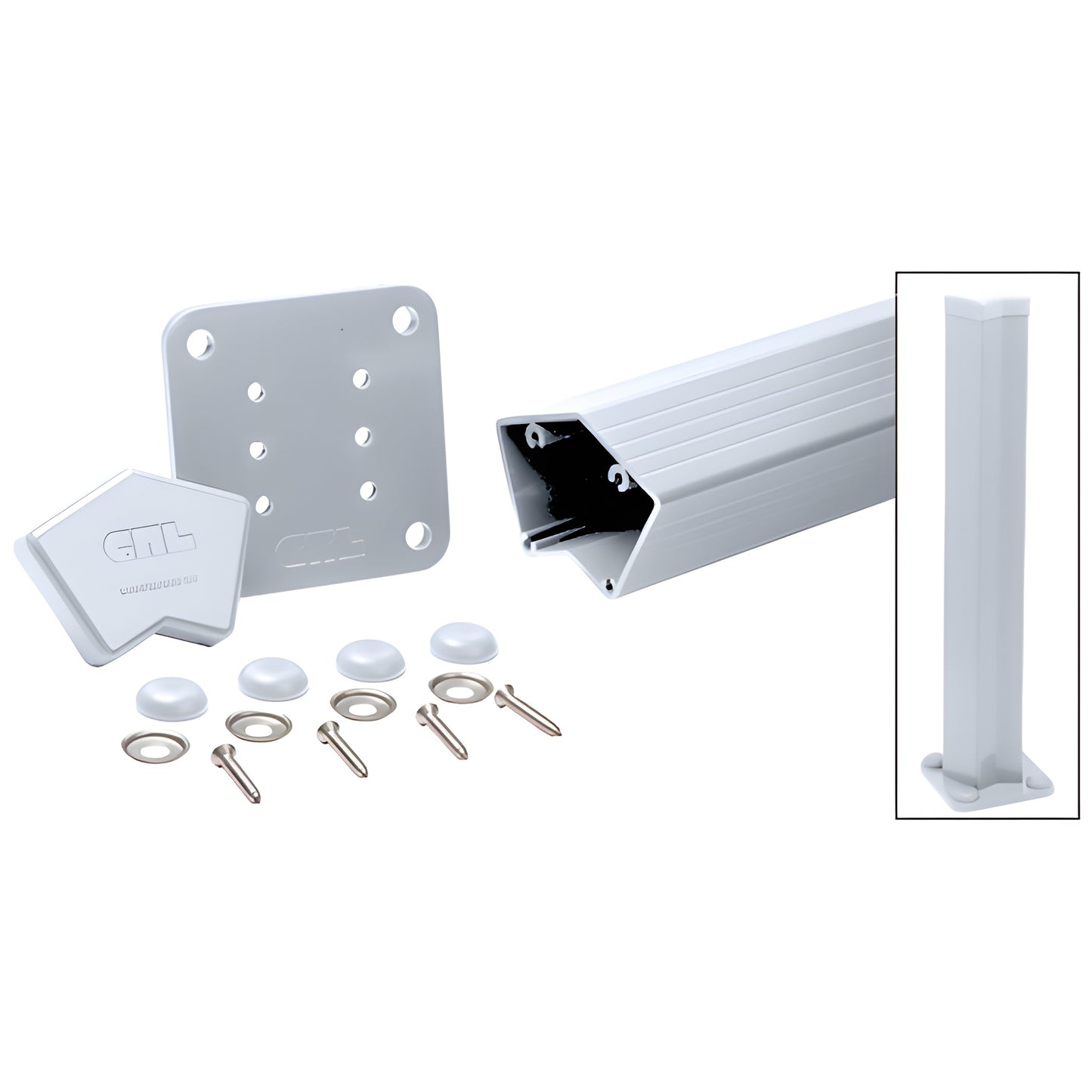 135 aluminum post kit (SKU 1P536KCA) with 37 in. clear anodized square post, base plate, cap, screws and cover buttons.