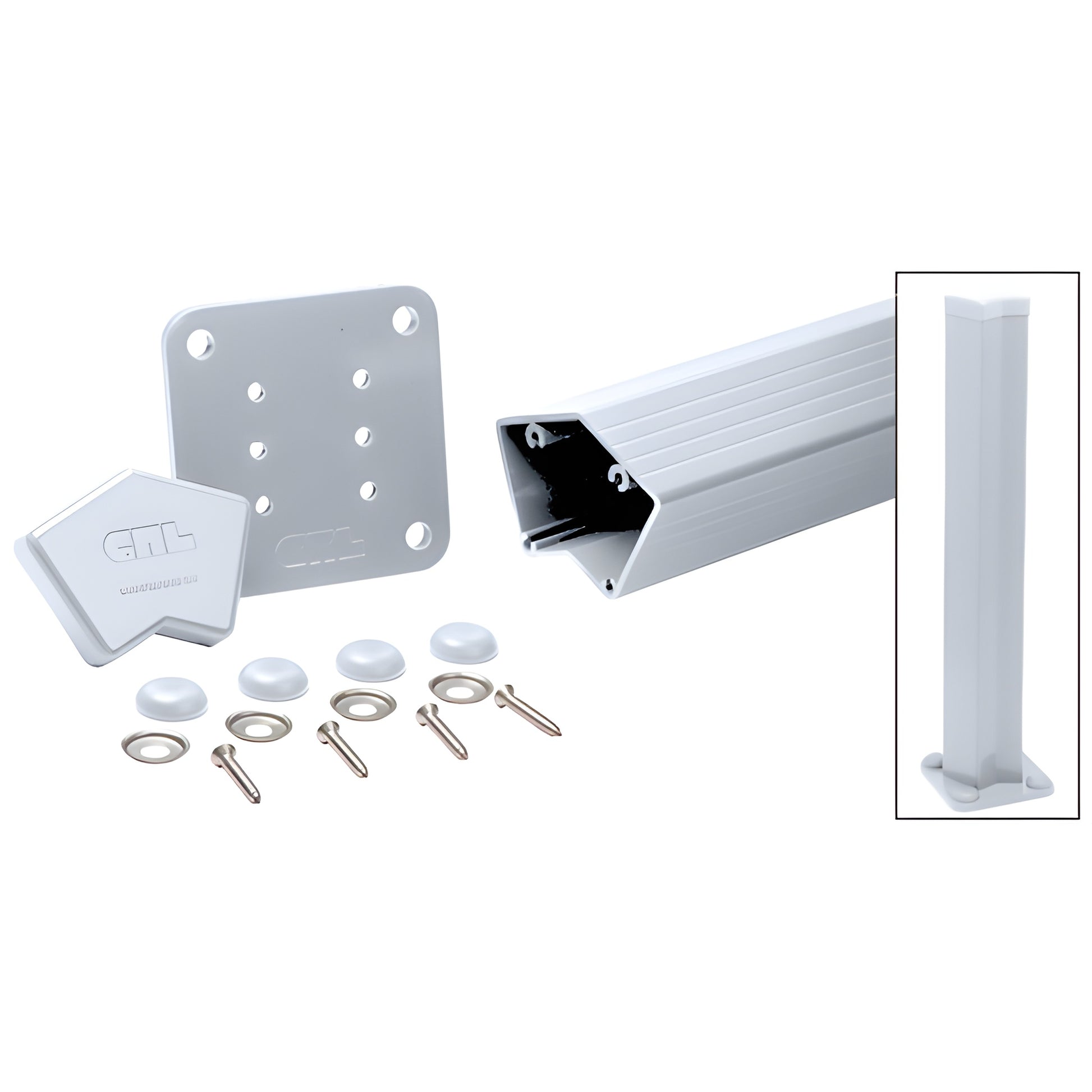 135 aluminum post kit (SKU 1P536KCA) with 37 in. clear anodized square post, base plate, cap, screws and cover buttons.