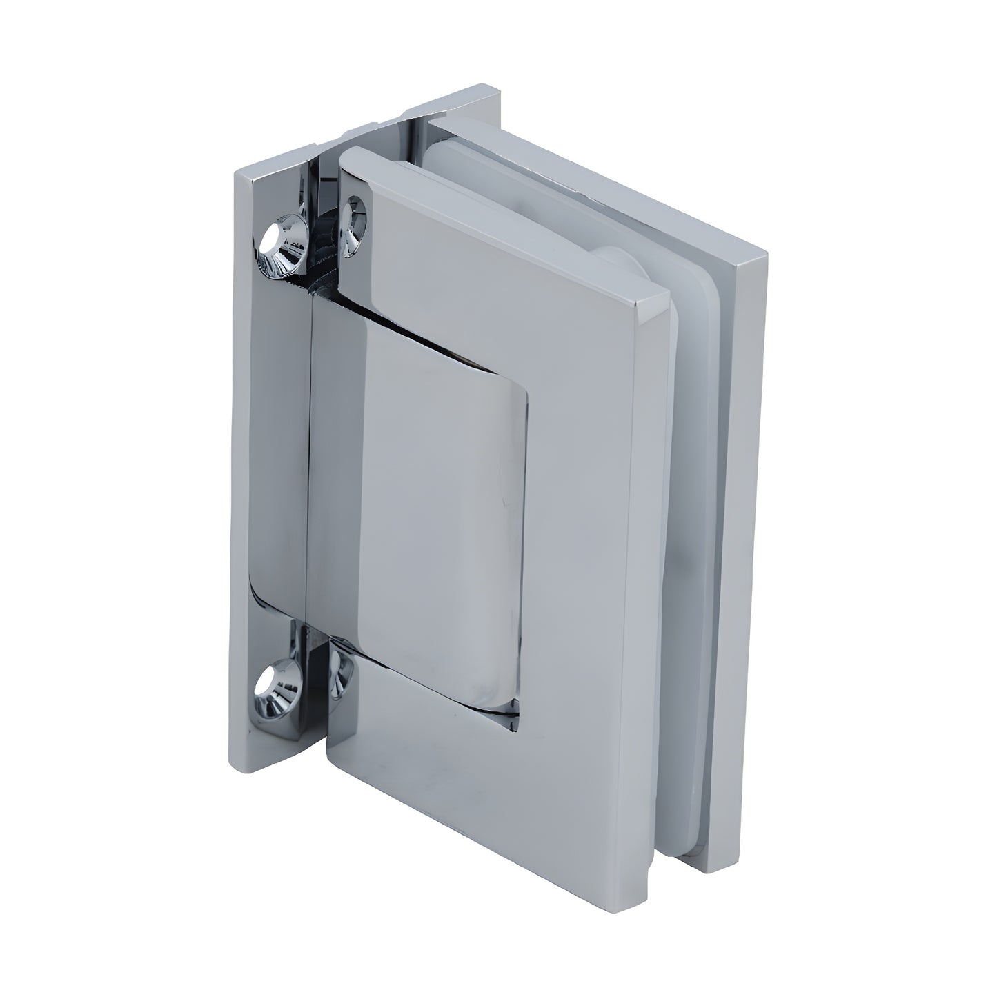 Polished chrome full-back wall hinge for frameless glass doors (H8010BTCH), aluminum, self-closing, 90 hold.