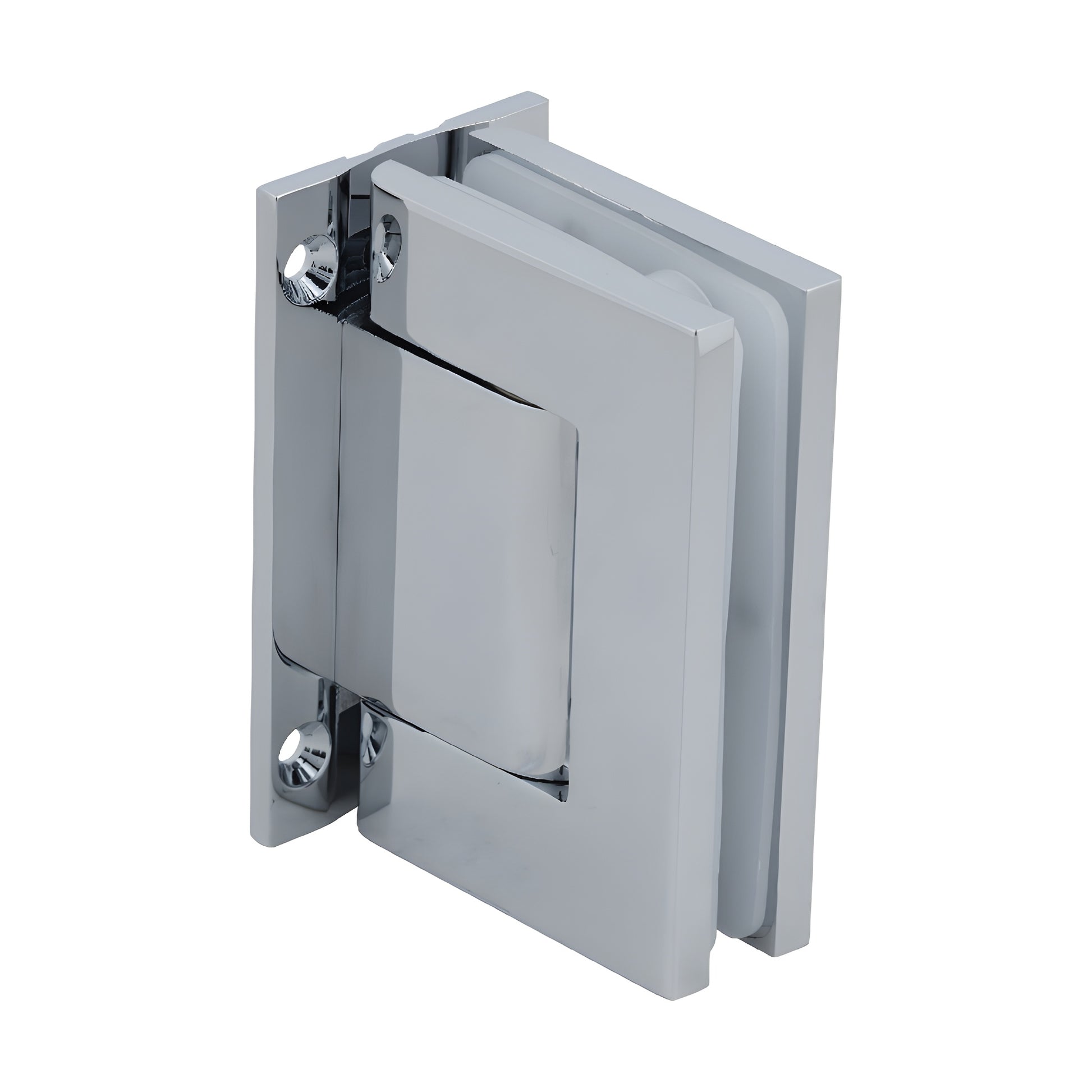 Polished chrome full-back wall hinge for frameless glass doors (H8010BTCH), aluminum, self-closing, 90 hold.