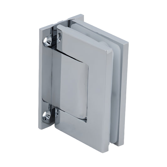 Polished chrome full-back wall hinge for frameless glass doors (H8010BTCH), aluminum, self-closing, 90 hold.