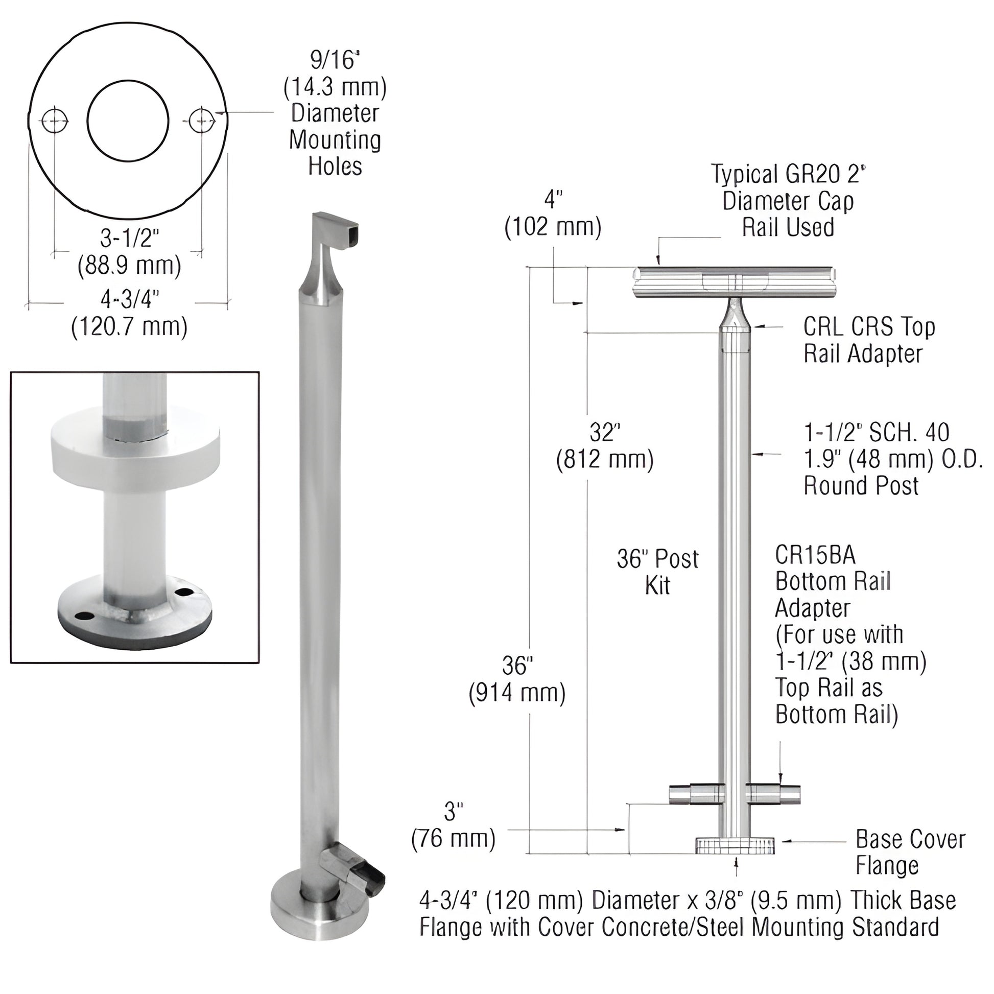CR36EKBS: 36in stainless steel surface-mounted round post kit with welded base plate, cover flange and rail adapters
