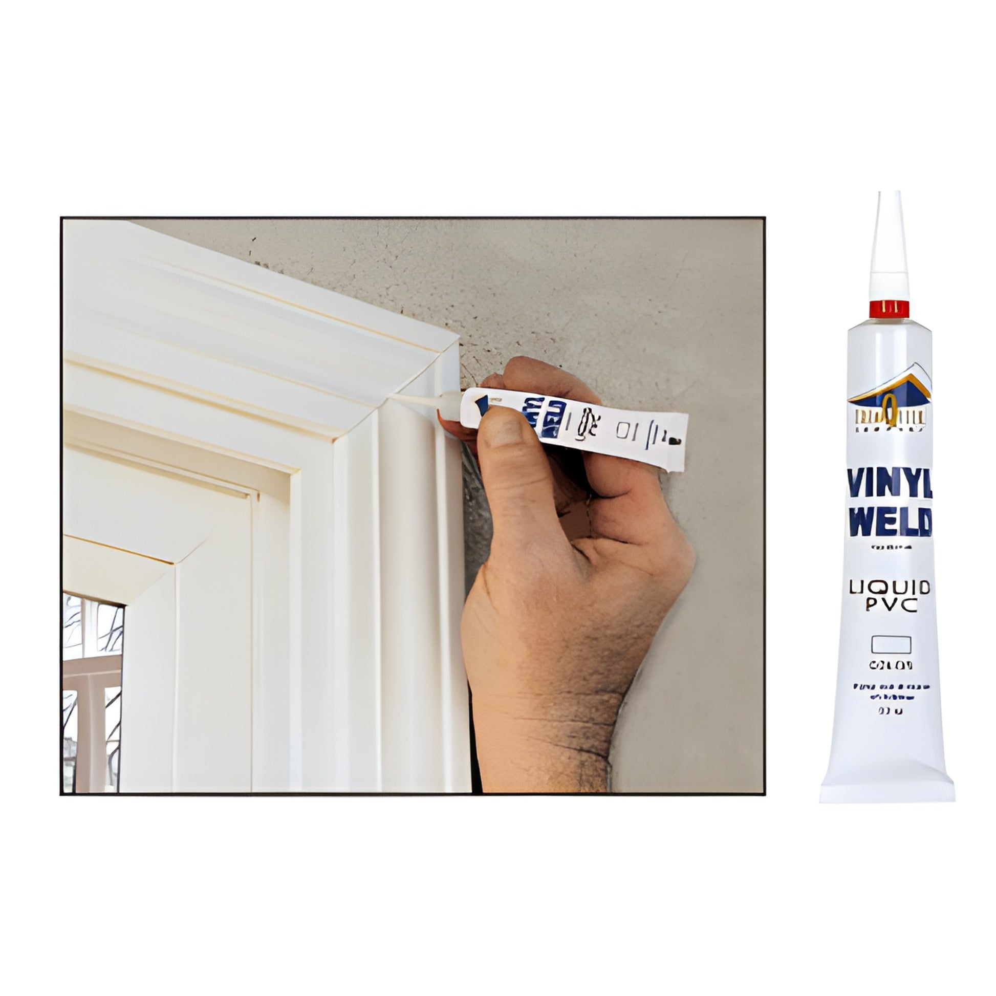 CRL Vinyl Weld (VW1W) white 1/2 oz tube applied to fill and bond PVC window trim - liquid PVC adhesive for repairs.
