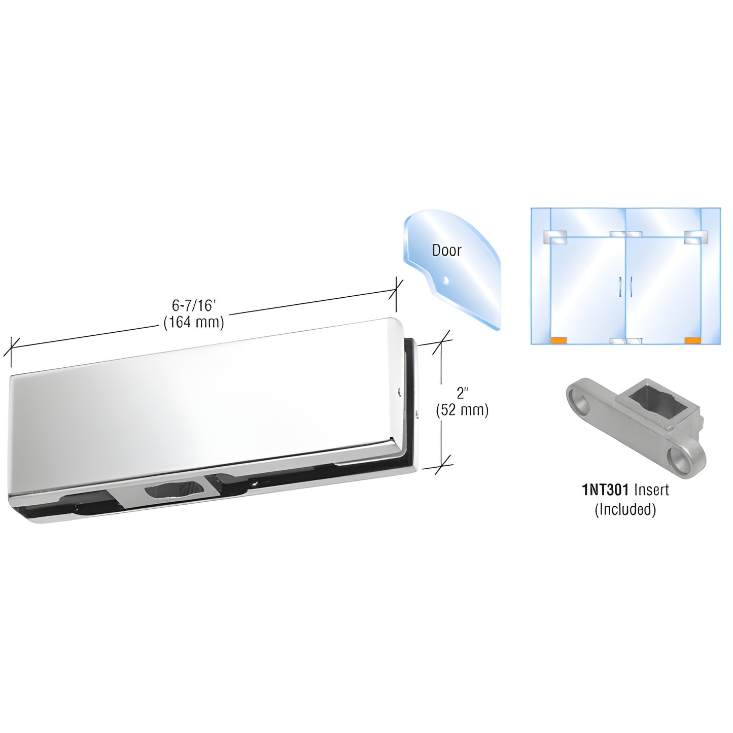 PH11CPS polished stainless steel bottom door patch fitting with 1NT301 insert, for 3/8" or 1/2" frameless glass doors.