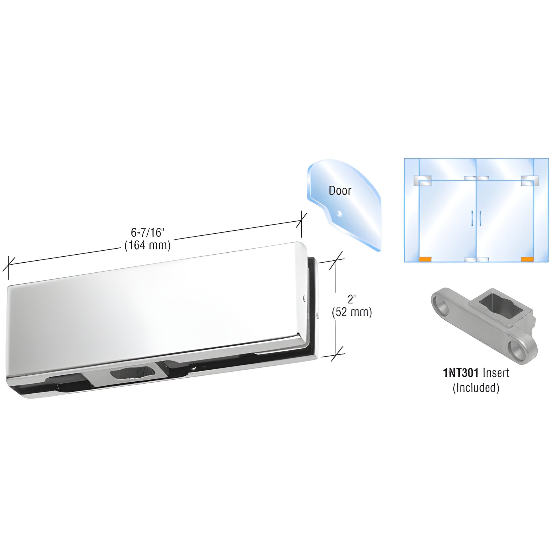 PH11CPS polished stainless steel bottom door patch fitting with 1NT301 insert, for 3/8" or 1/2" frameless glass doors.