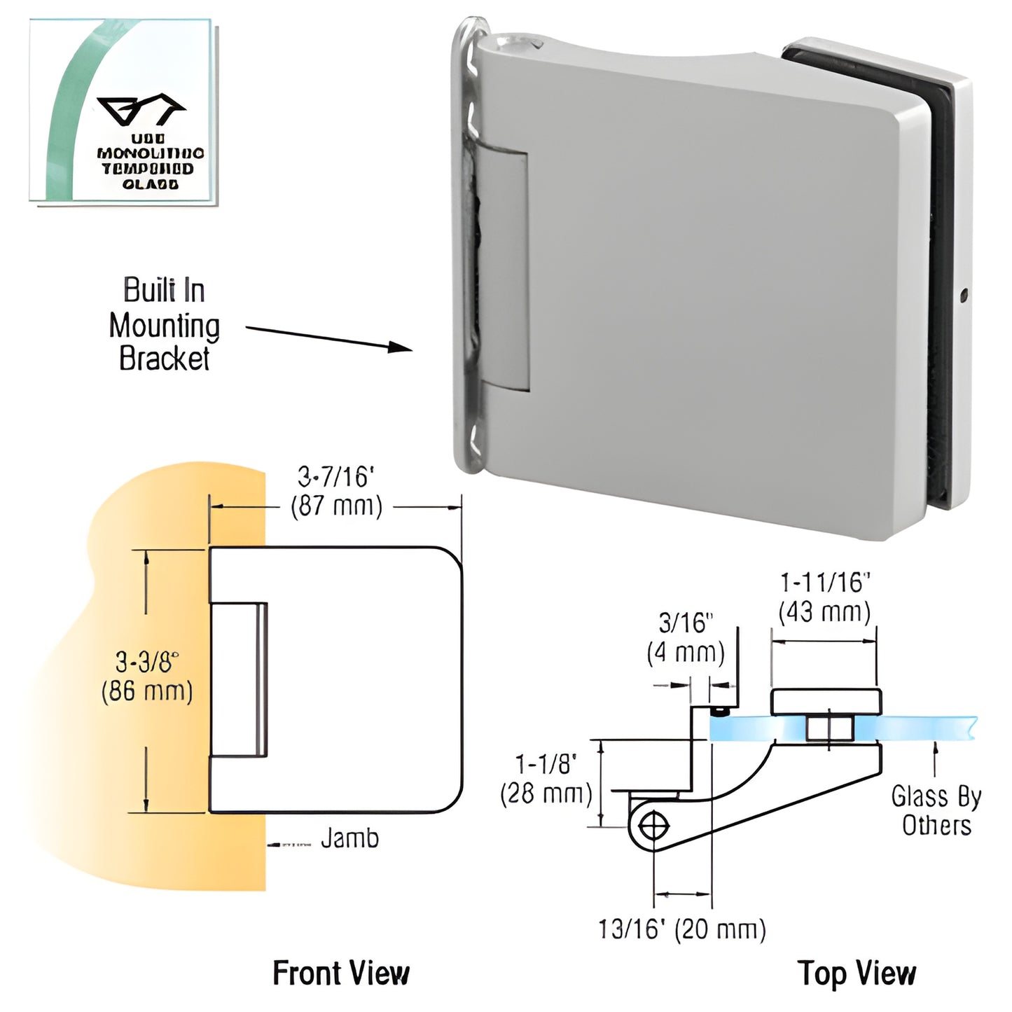 PTH353SA satin anodized aluminum free-swing hinge for 8-10mm frameless glass doors, surface-mount, supports up to 99 lb.