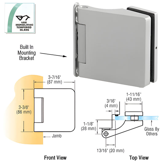 PTH353SA satin anodized aluminum free-swing hinge for 8-10mm frameless glass doors, surface-mount, supports up to 99 lb.