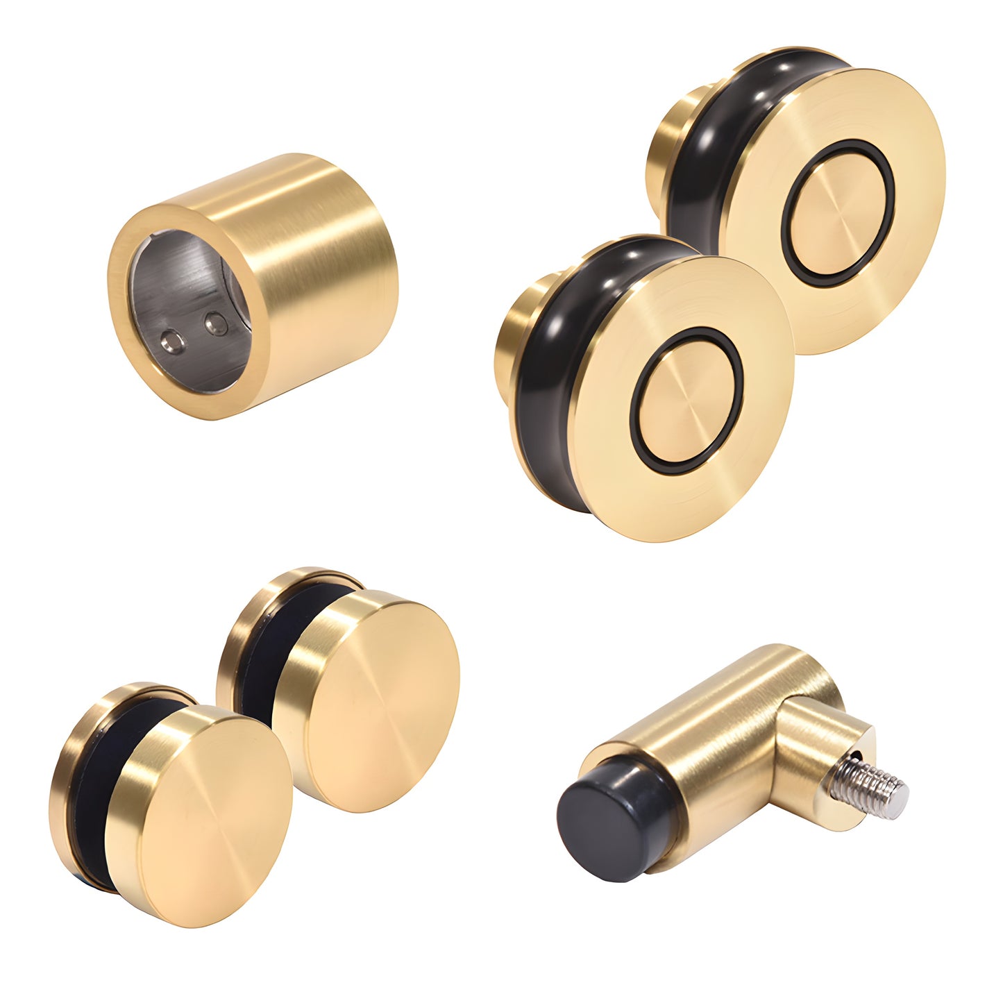 Satin brass Colonia replacement kit (SKU CREF1SB): two rollers, two fixed-panel fittings, wall bracket and stopper.
