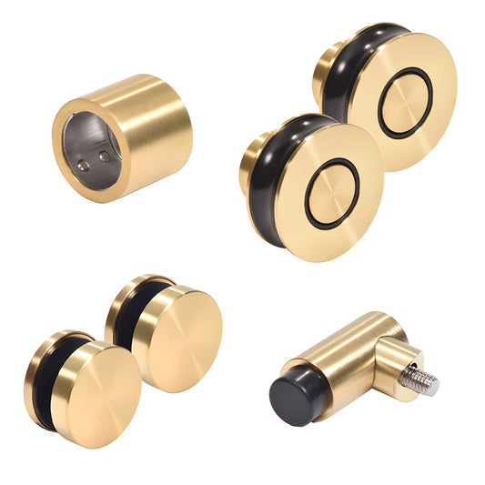 Satin brass Colonia replacement kit (SKU CREF1SB): two rollers, two fixed-panel fittings, wall bracket and stopper.