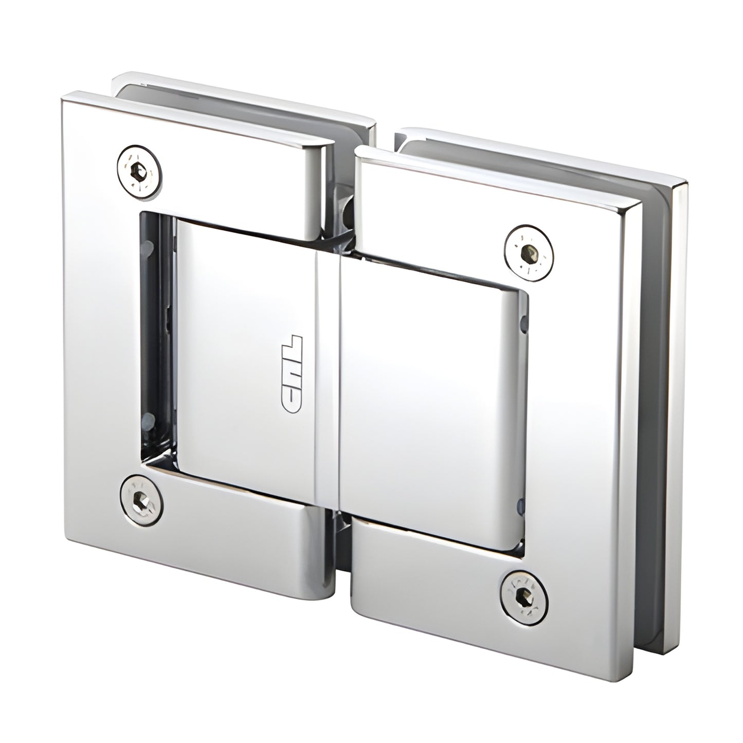 Polished chrome Oil Dynamic self-closing glass hinge, wall-mount full back plate, SKU H8215BTCH