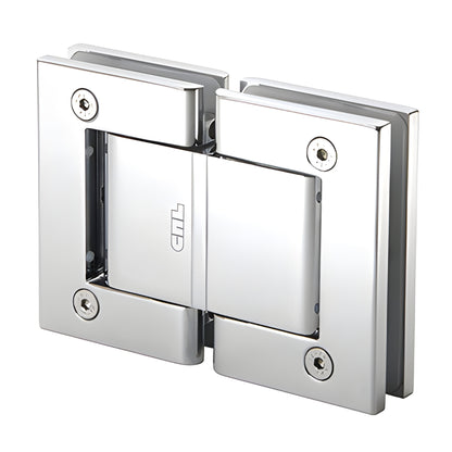 Polished chrome Oil Dynamic self-closing glass hinge, wall-mount full back plate, SKU H8215BTCH