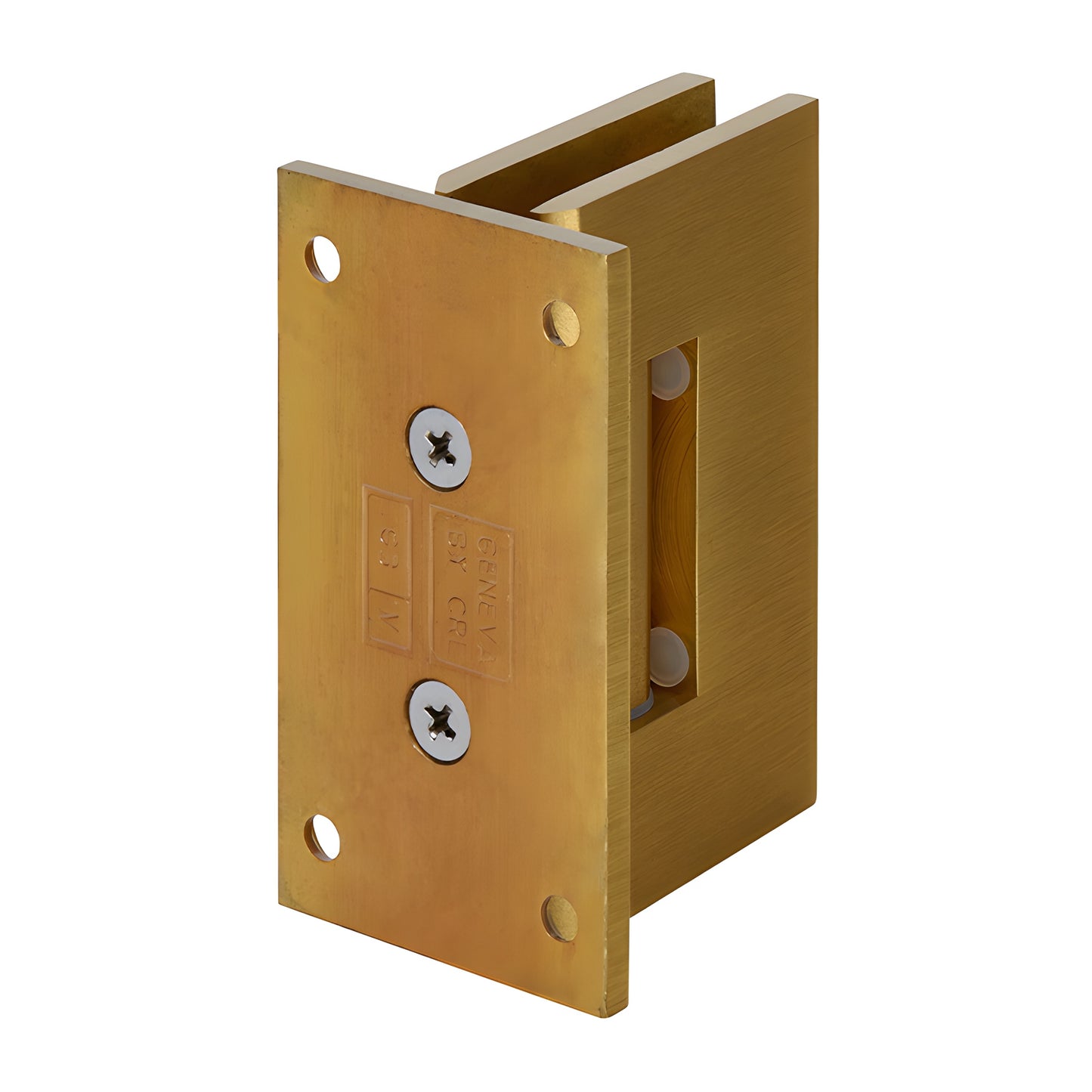 Satin brass Geneva shower hinge (GEN537SB), solid brass wall-mount, self centering, fits 8-12mm glass, 5 pre-set.