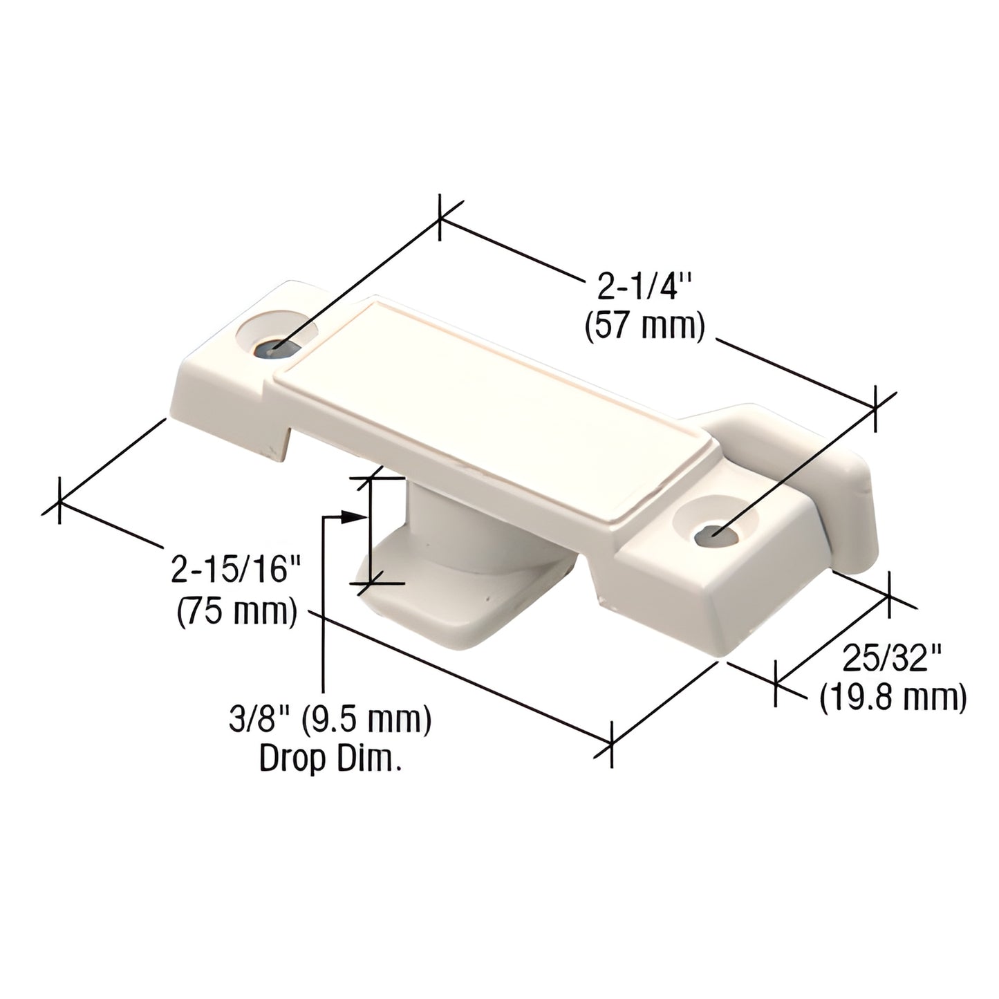 White diecast keeperless sash lock SKU F2689, 2-15/16" long, 3/8" drop, 2-1/4" mounting centers