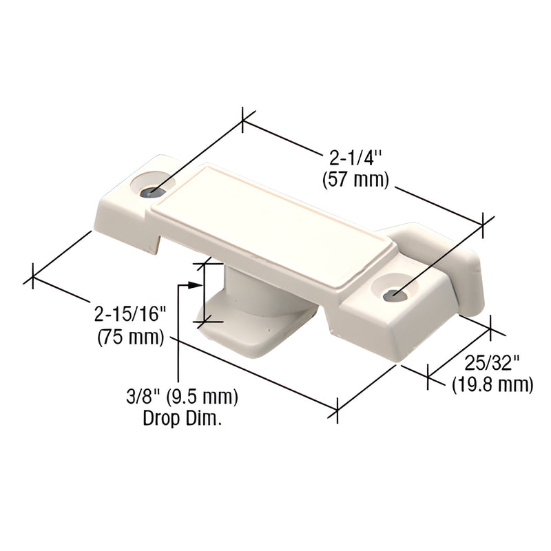 White diecast keeperless sash lock SKU F2689, 2-15/16" long, 3/8" drop, 2-1/4" mounting centers