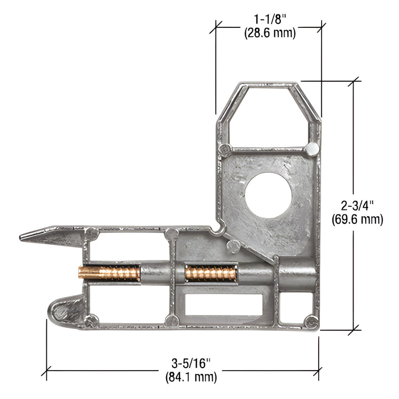 B569 diecast adjustable corner insert for 45 miter door frames, aluminum, adjustable screw, fits B515 rollers.