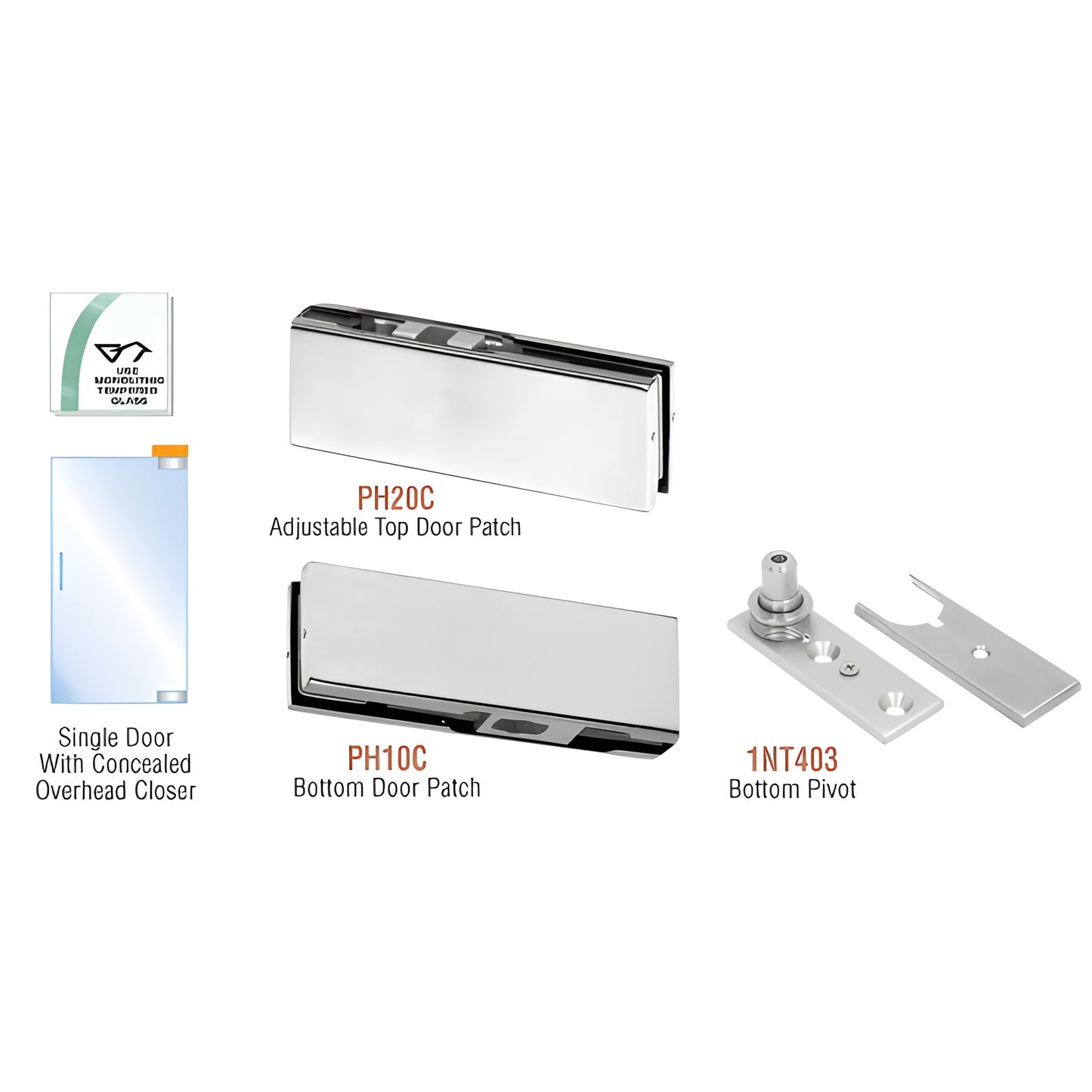 PHA2BS stainless steel frameless glass door kit - adjustable top patch (PH20C), bottom patch (PH10C) and 1NT403 pivot