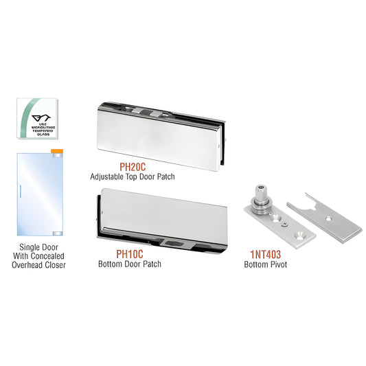 PHA2BS stainless steel frameless glass door kit - adjustable top patch (PH20C), bottom patch (PH10C) and 1NT403 pivot