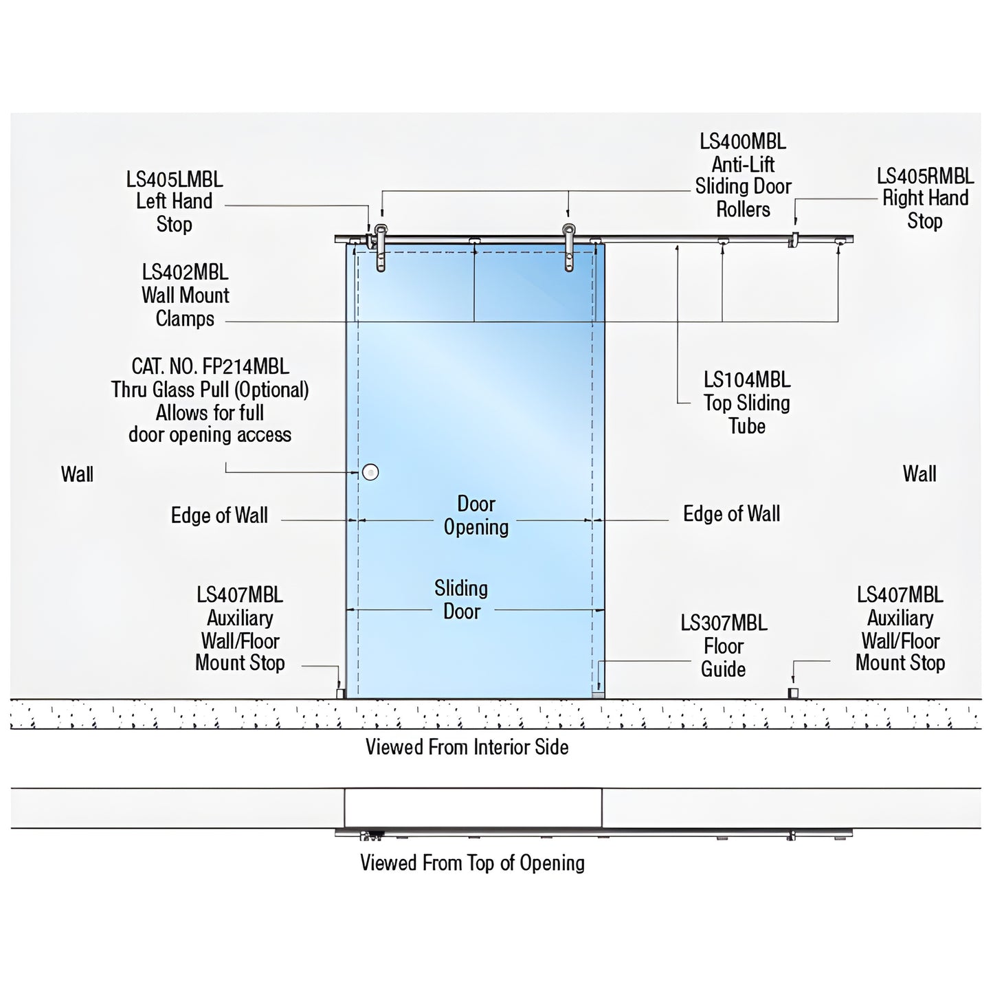 Diagram of CRL Laguna wall-mount single sliding glass door kit LSWM5MBL, matte black 316 stainless hardware.