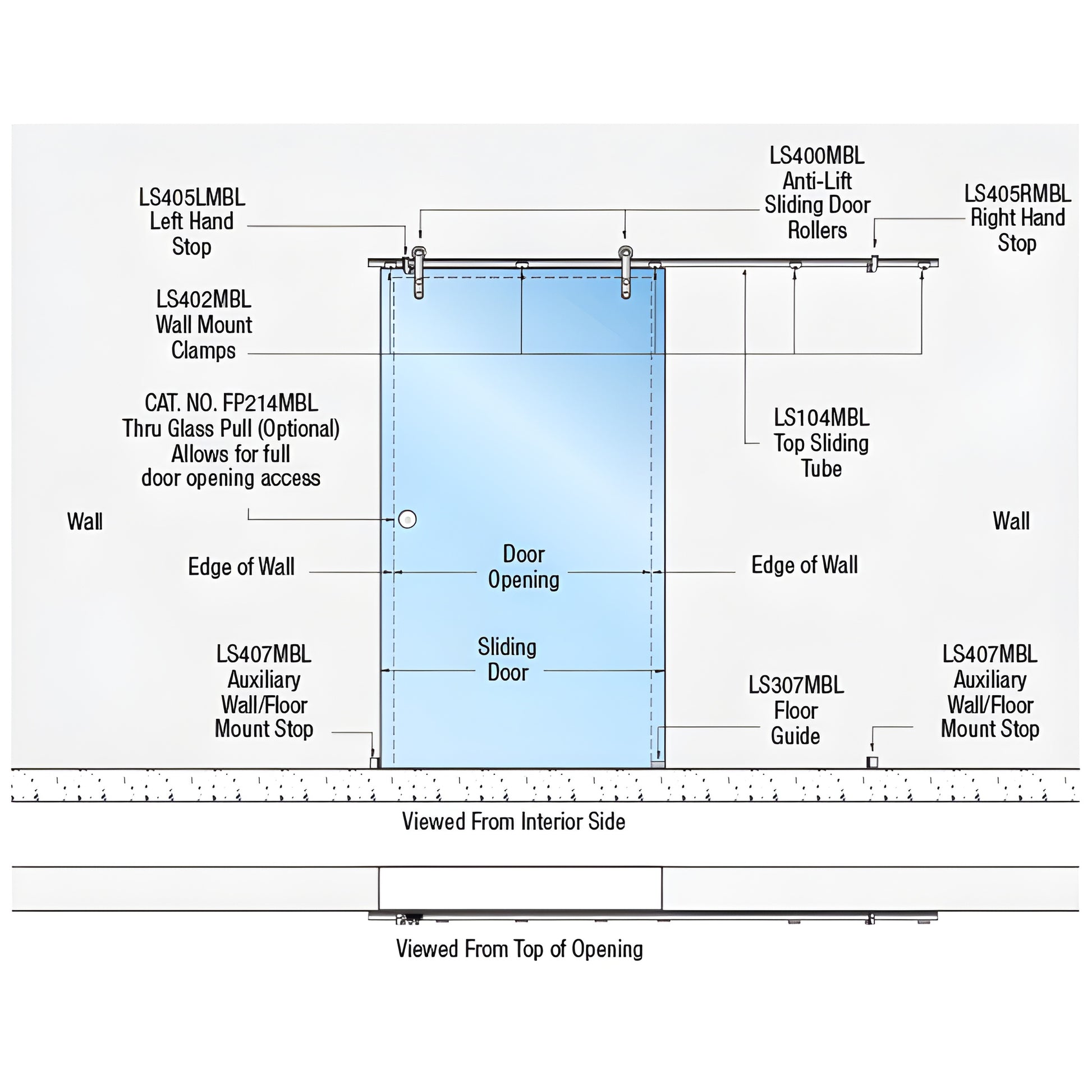 Diagram of CRL Laguna wall-mount single sliding glass door kit LSWM5MBL, matte black 316 stainless hardware.