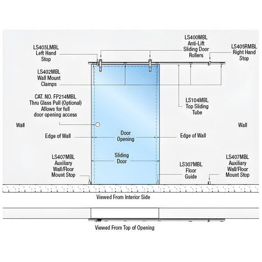 Diagram of CRL Laguna wall-mount single sliding glass door kit LSWM5MBL, matte black 316 stainless hardware.
