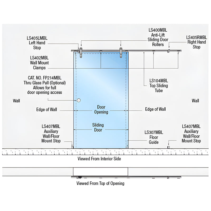 Diagram of CRL Laguna wall-mount single sliding glass door kit LSWM5MBL, matte black 316 stainless hardware.