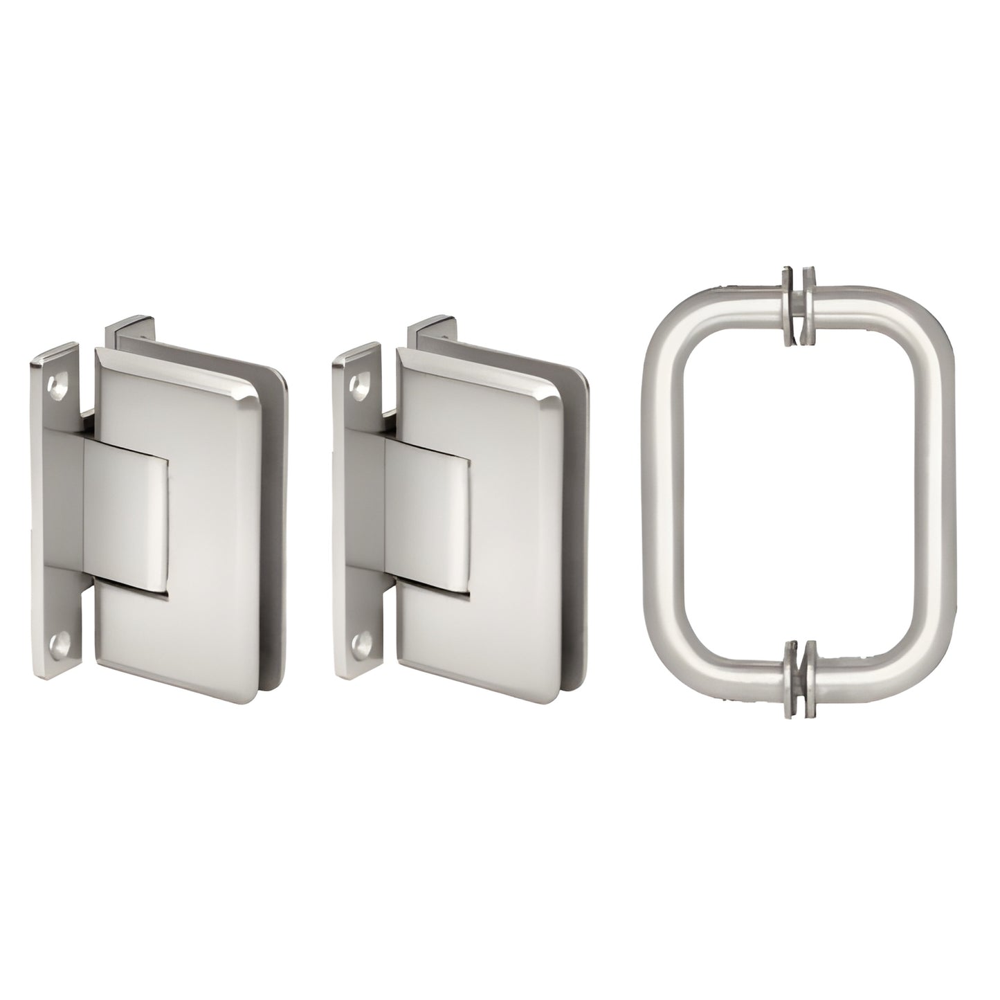 Polished chrome Cologne shower hinge and pull set (SKU C0LS3CH) - two wall mount hinges + rectangular pull for 3/8 to 1/2 in