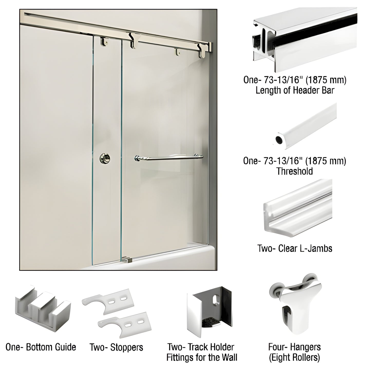 Contempo polished stainless steel I-beam bypass sliding shower door system, 73in header, for 5/16in tempered glass.