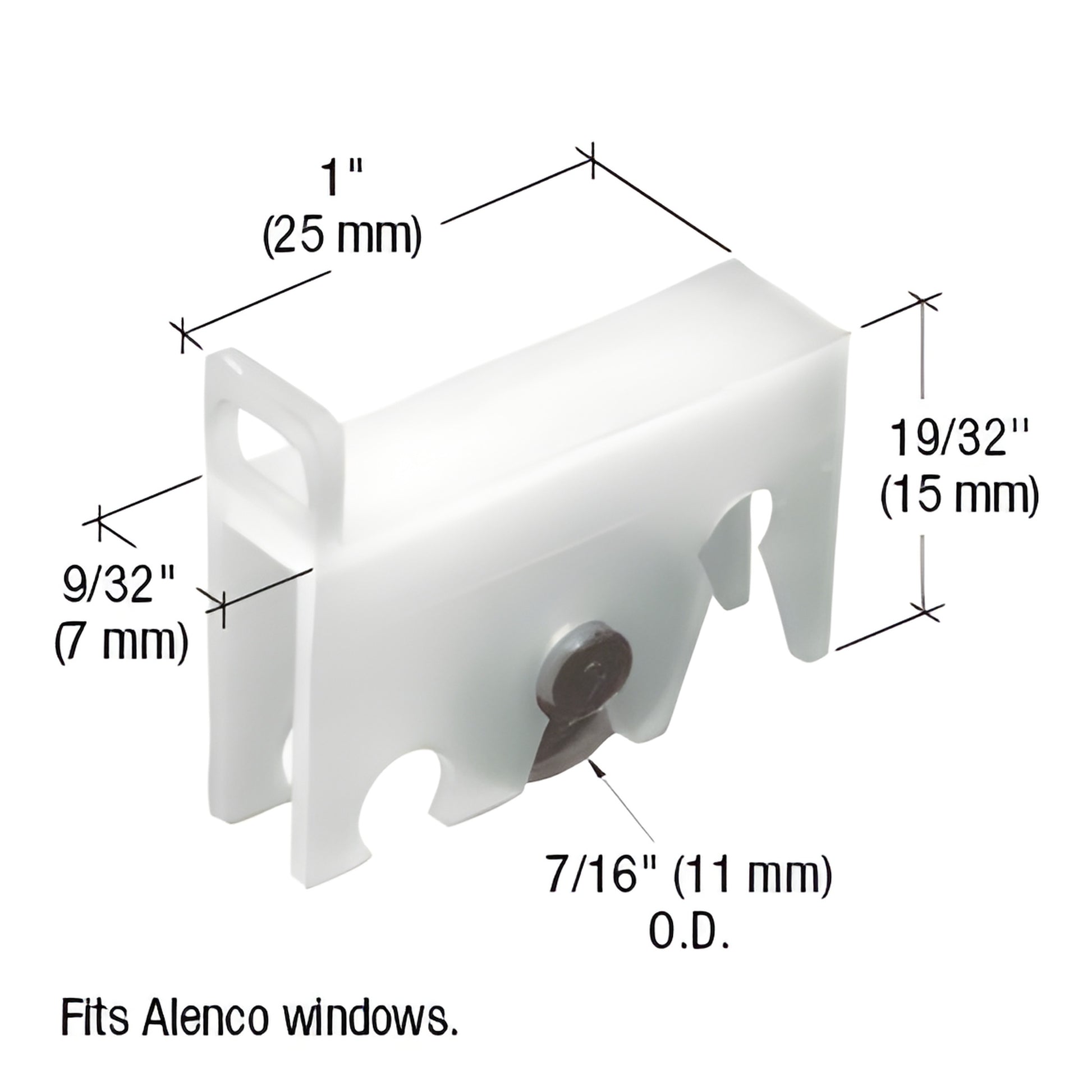 G3097 white nylon window roller assembly with 7/16 in concave steel wheel, three-position height-adjustable, fits Alenco wind