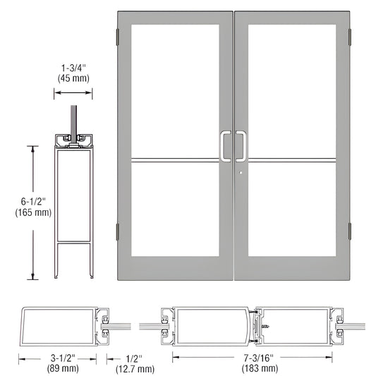 Double custom medium-stile entrance doors, clear anodized, tempered-glass panels, SKU SR42511.