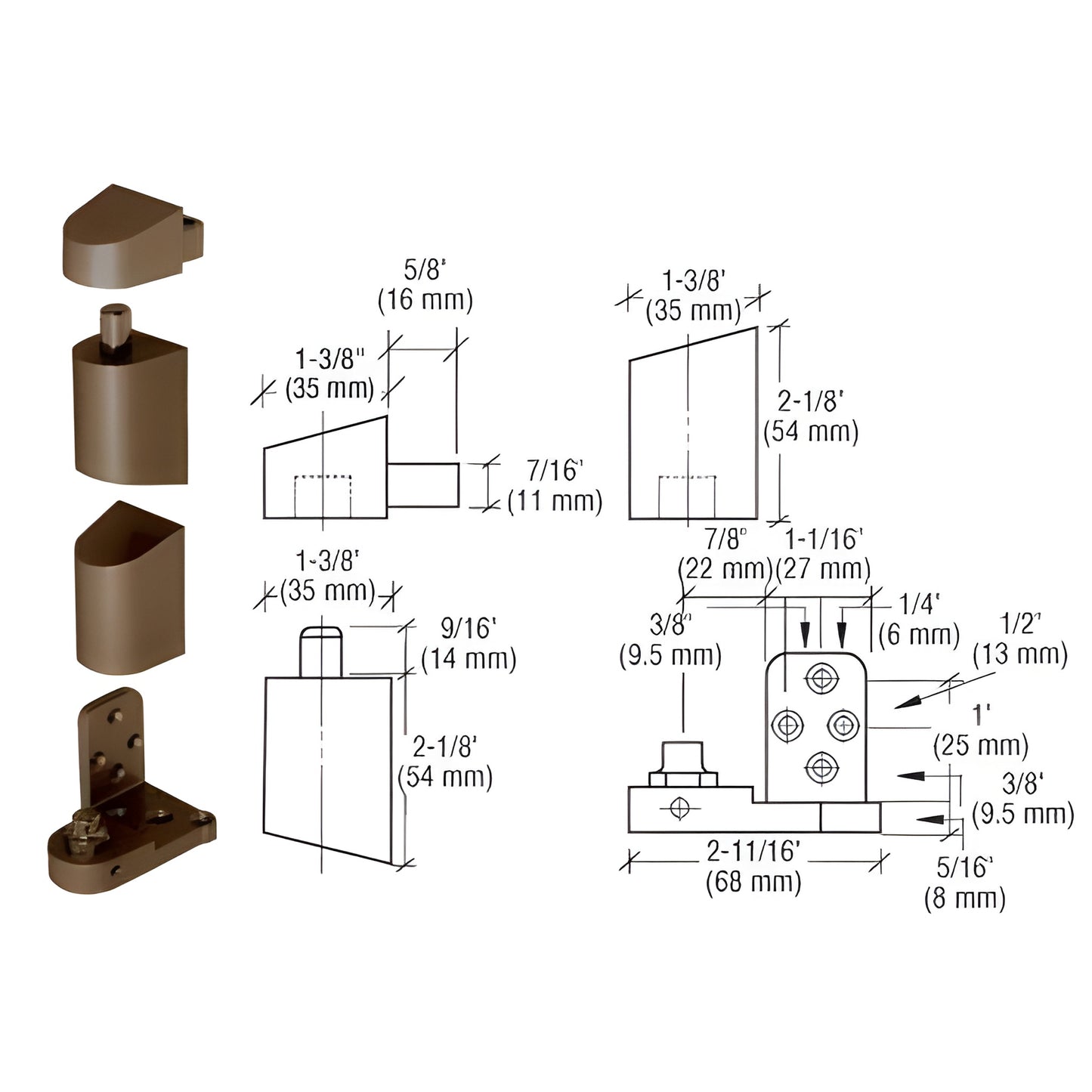Dark bronze aluminum offset pivot set with components and dimensional diagram for 125 lb storefront doors 0P34RHDU