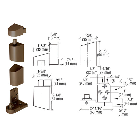 Dark bronze aluminum offset pivot set with components and dimensional diagram for 125 lb storefront doors 0P34RHDU