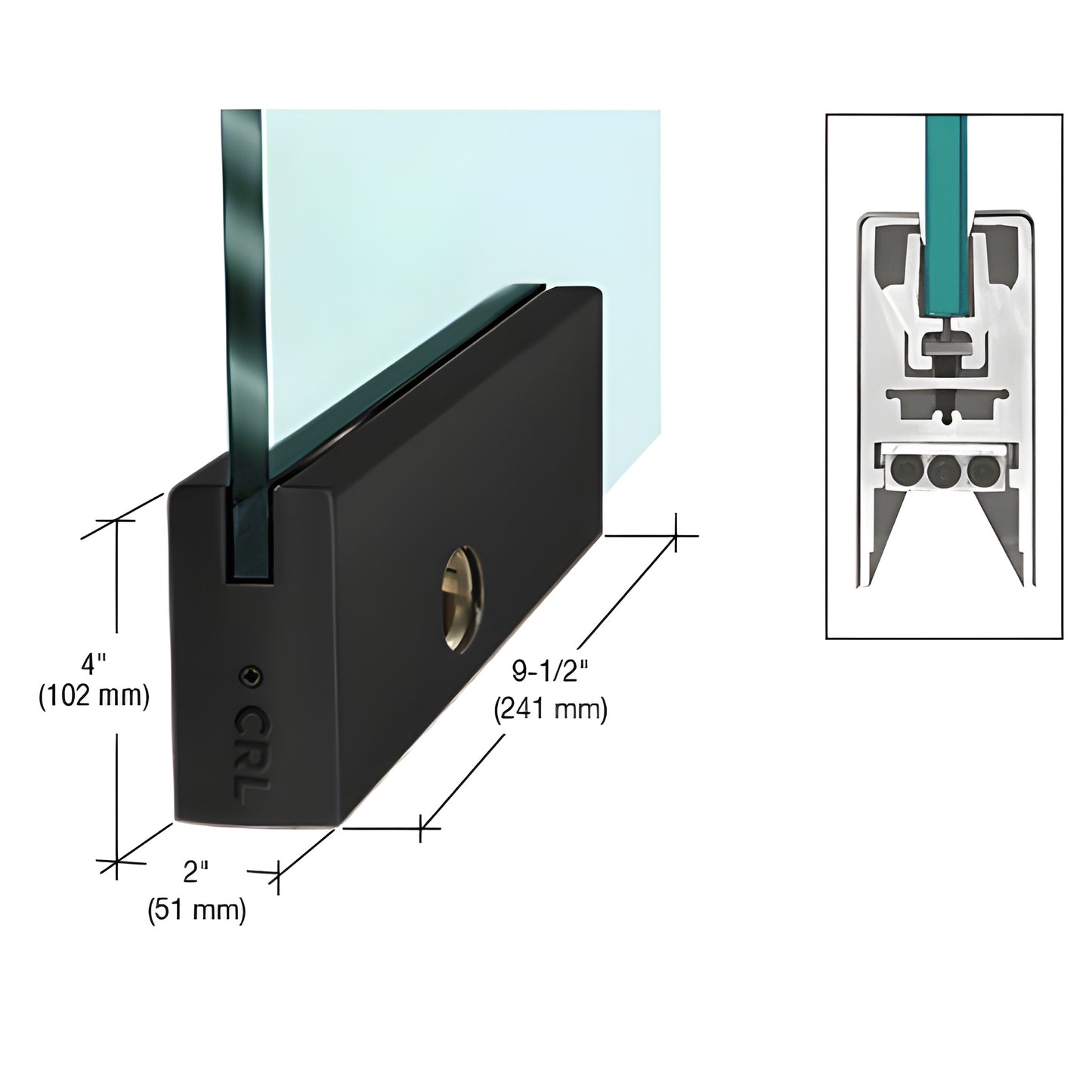 Matte black aluminum 9.5" Wedge-Lock patch rail for 1/2" glass, square 4" height, includes lock. SKU DR4SMBL12PL