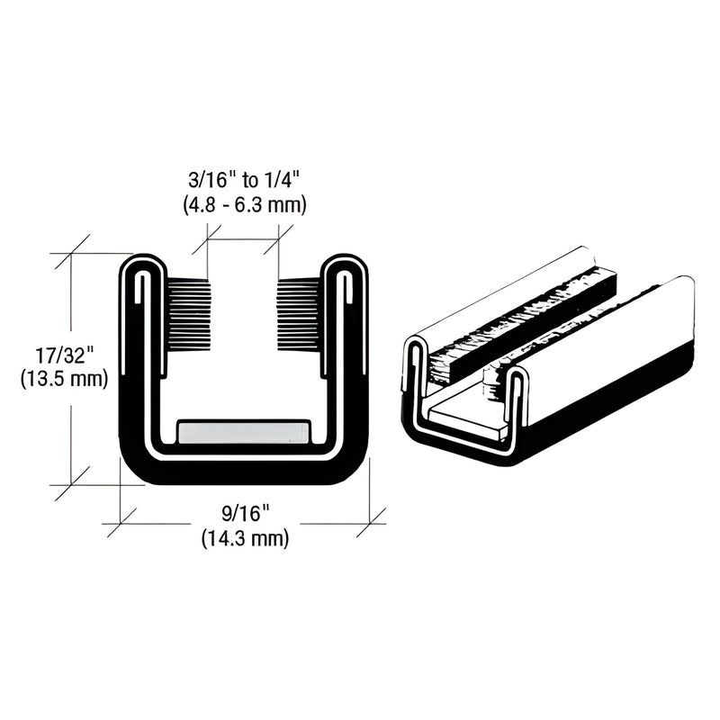 8A260 black rubber flexible glass run channel, felt/pile lined, fits 3/16-1/4 in glass, 60 in length