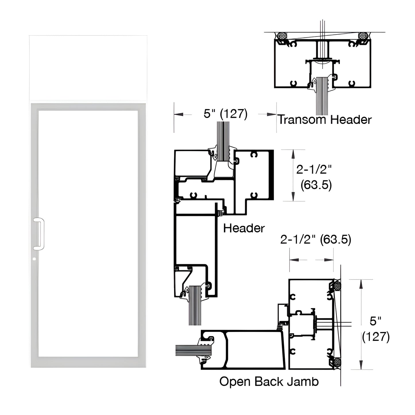 White Kynar custom single transom hurricane-impact door frame with air threshold and technical drawings. SKU 0F61852